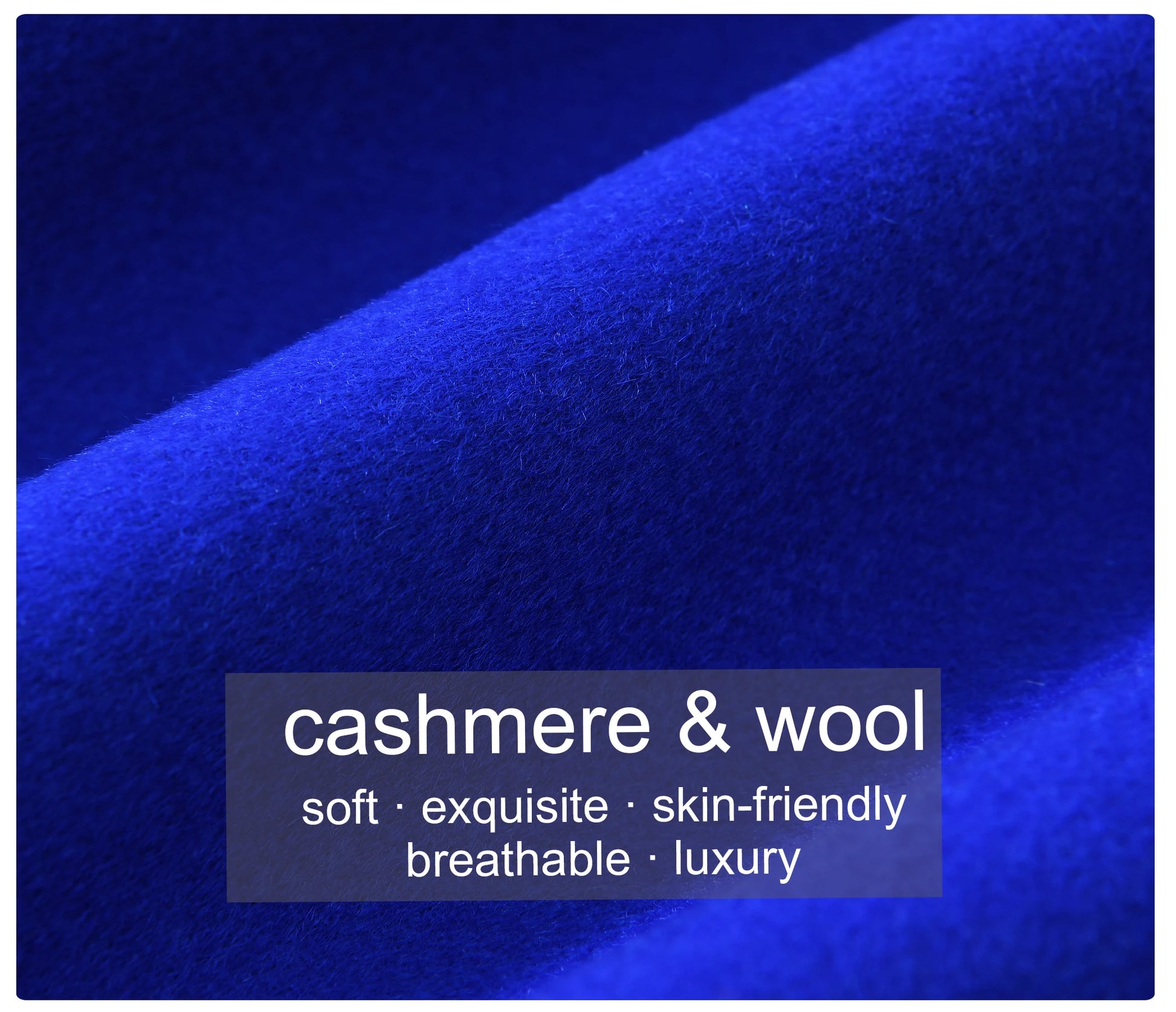 Close-up of blue cashmere and wool fabric with descriptive text overlay.