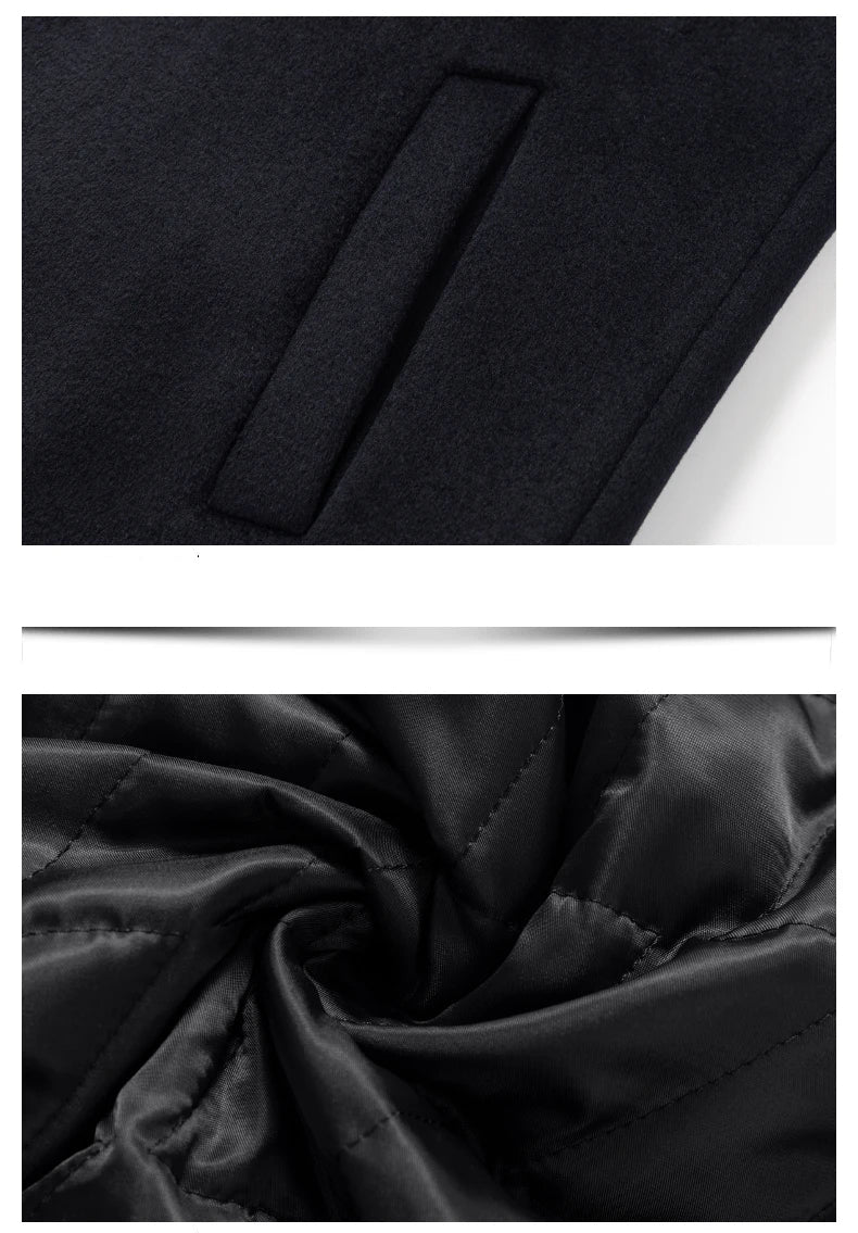 Close-up of a black jacket with pocket and fabric details on a white background
