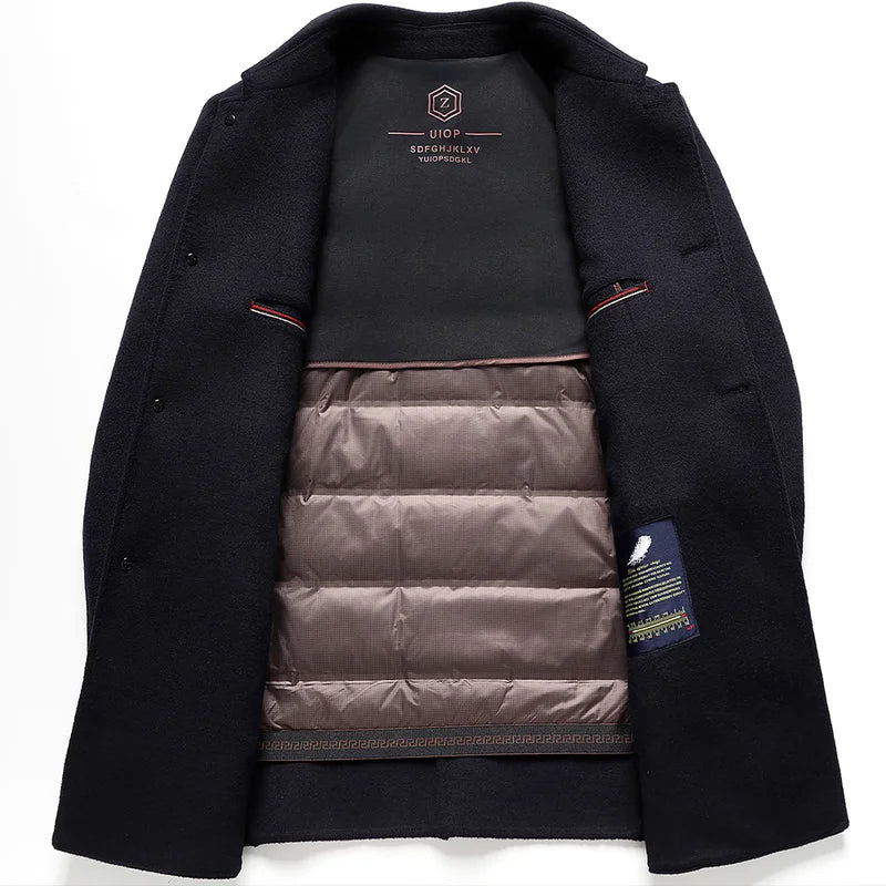 Black coat with a quilted brown interior on a white background