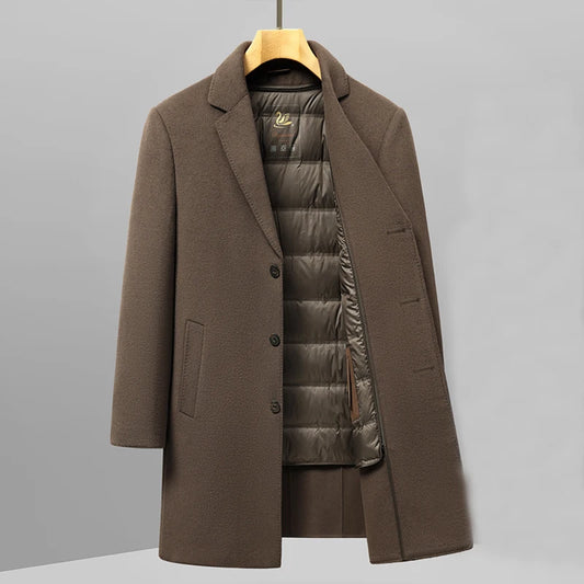 Brown coat with a gray puffer lining on a hanger against a gray background