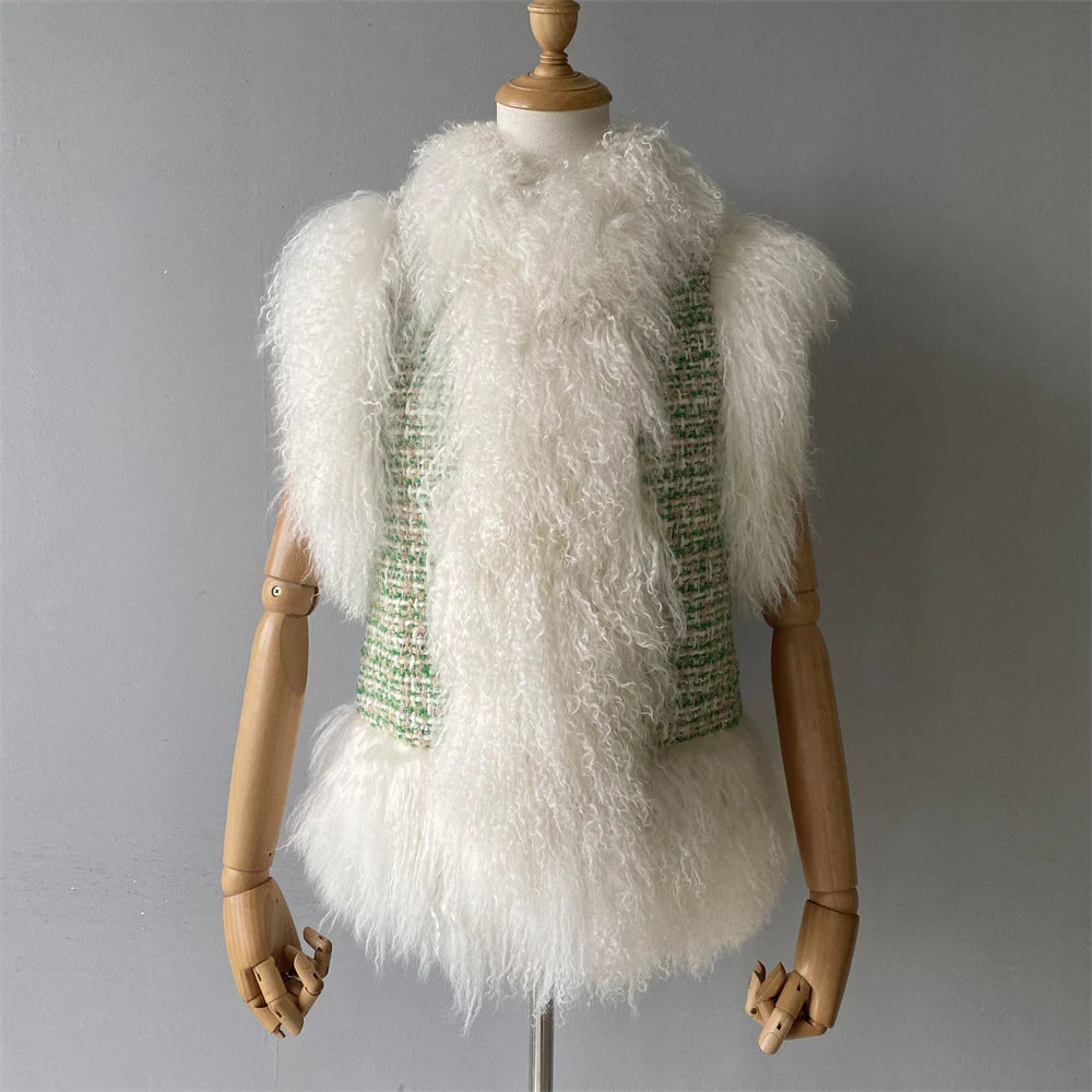 Mannequin wearing a white fluffy vest with a gray background