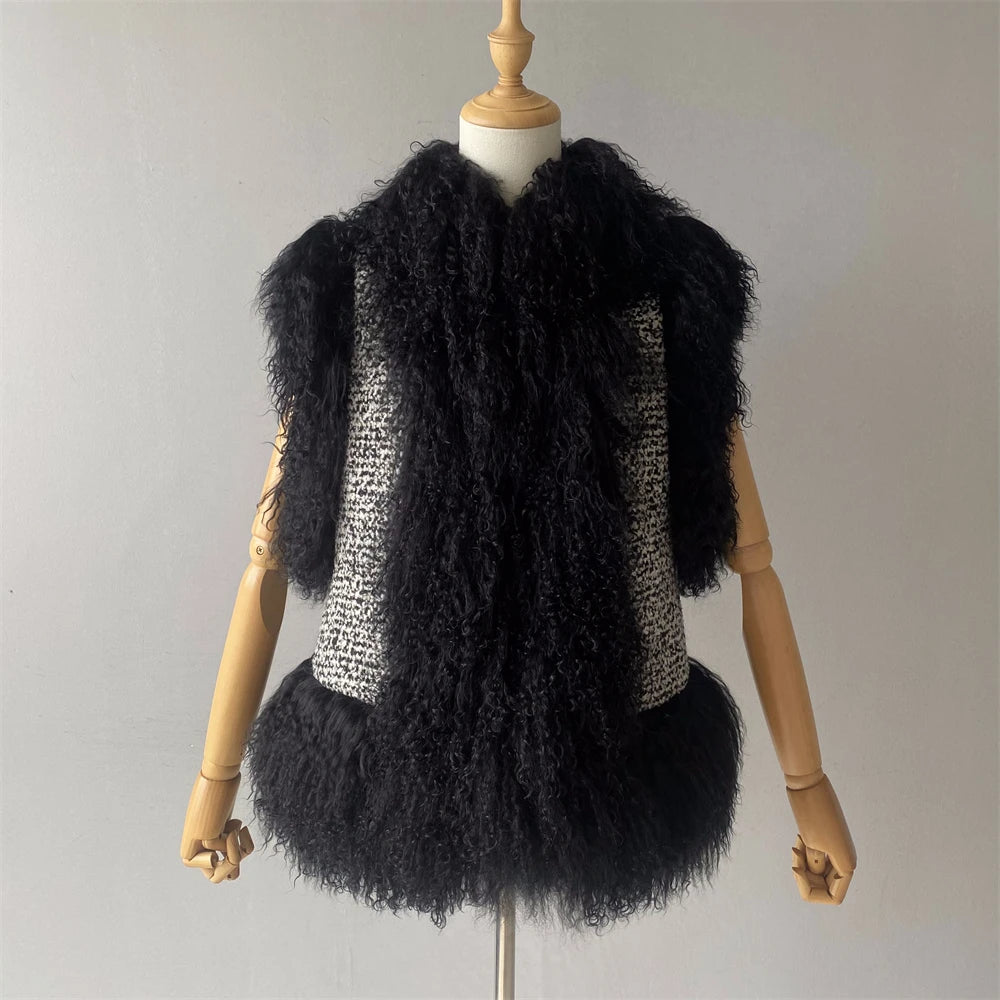 Black fur vest on a mannequin against a plain background