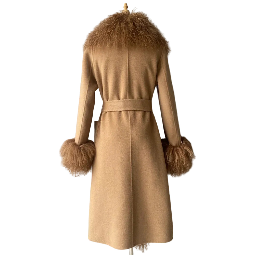 Beige coat with fur trim on a mannequin against a plain background