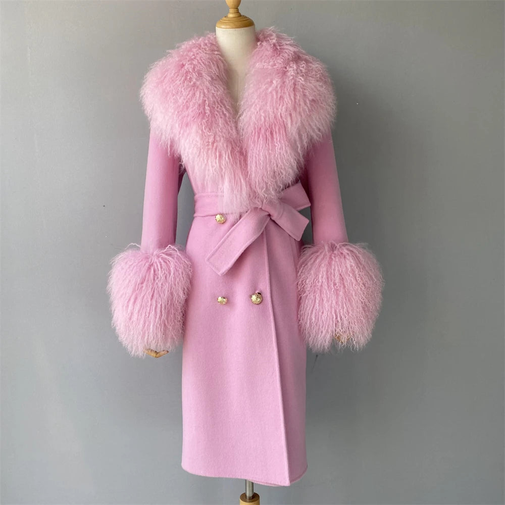 Pink coat with fur accents on a mannequin against a gray background