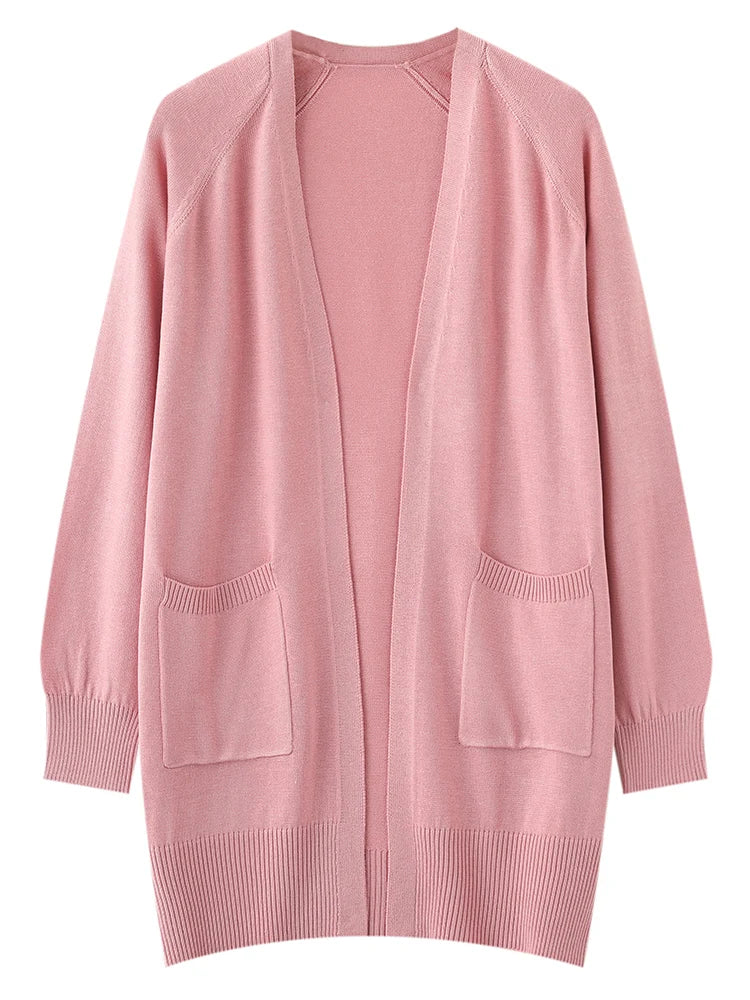 Pink cardigan with pockets on a white background