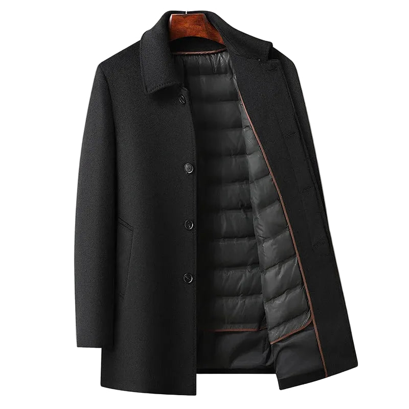 Black coat with a quilted lining on a beige background