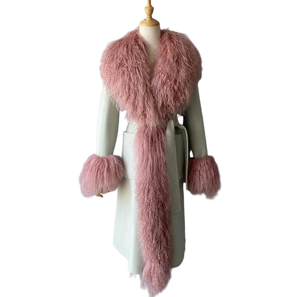 Mannequin wearing a light-colored coat with pink fluffy sleeves and collar against a plain background