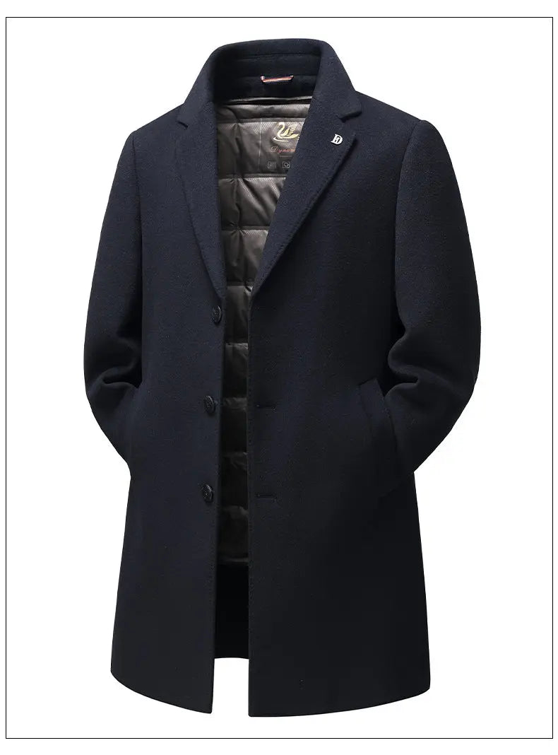 Navy blue coat with a textured inner lining on a white background