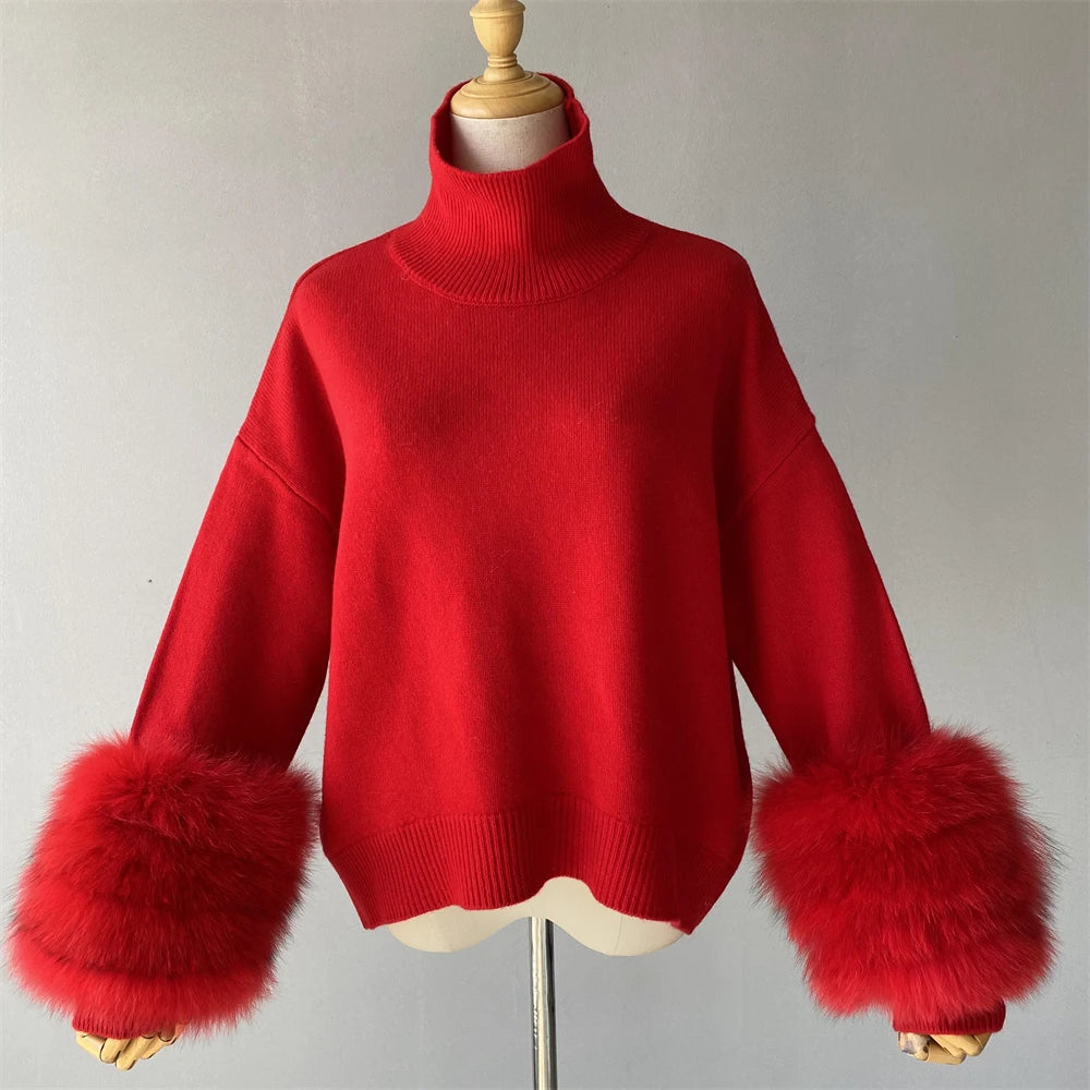 Red sweater with fluffy cuffs on a mannequin against a plain background