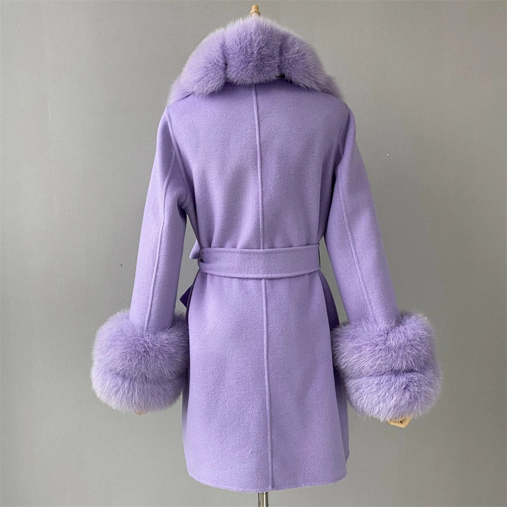 Lavender coat with fur accents on a mannequin against a gray background