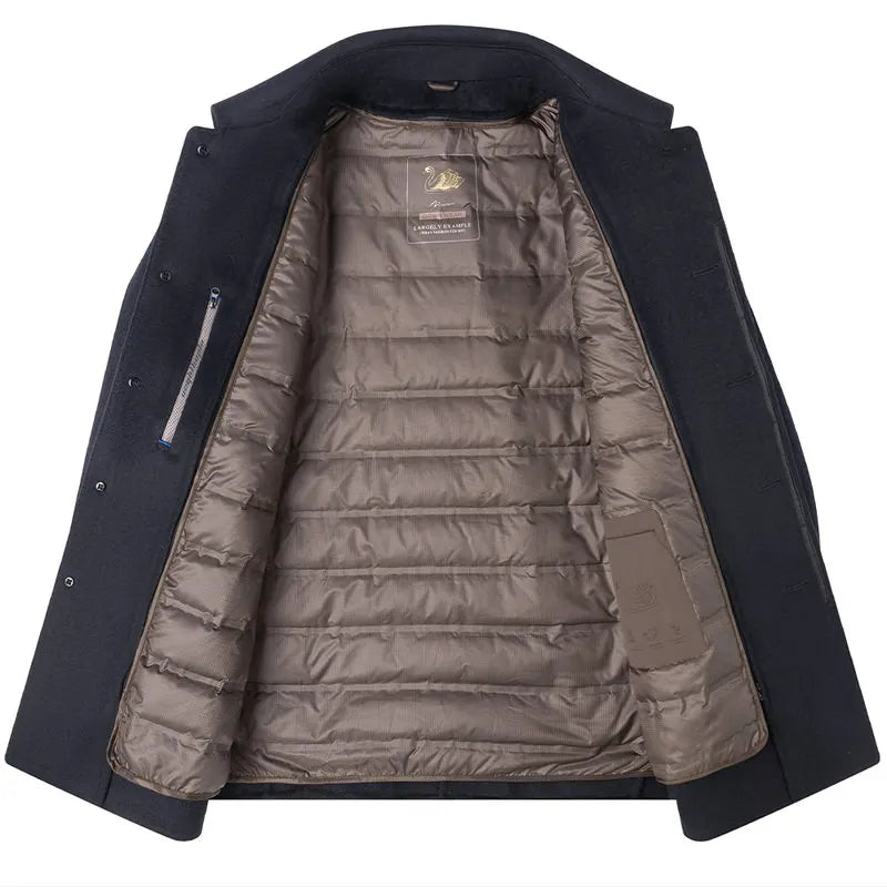 Navy blue coat with brown quilted lining on a white background