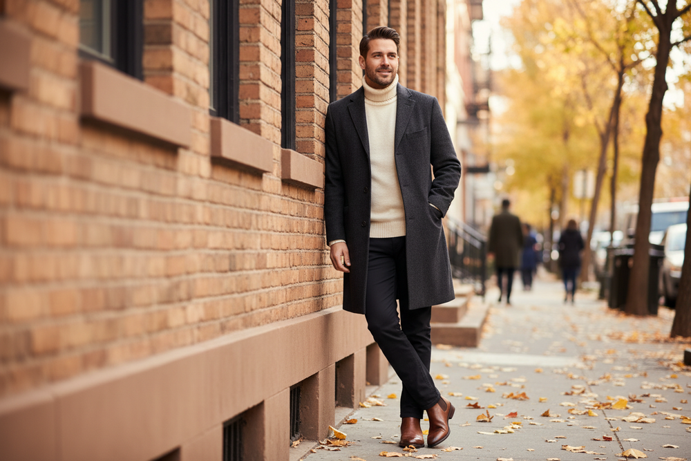 Man in a coat standing on a sidewalk next to a brick building with autumn leaves on the ground.