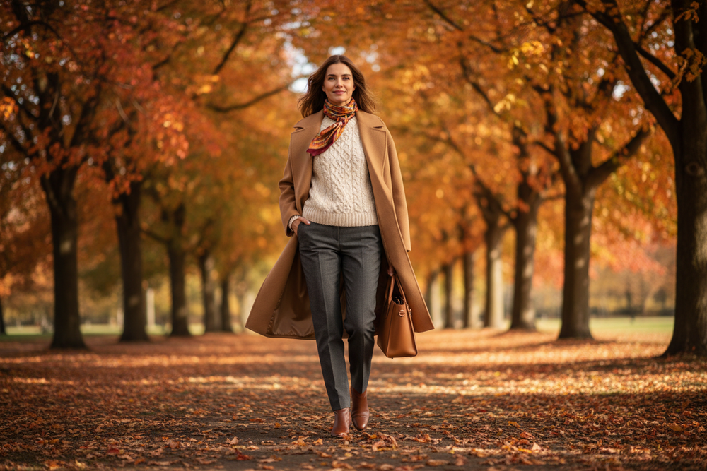 Woman walking through a park with autumn foliage